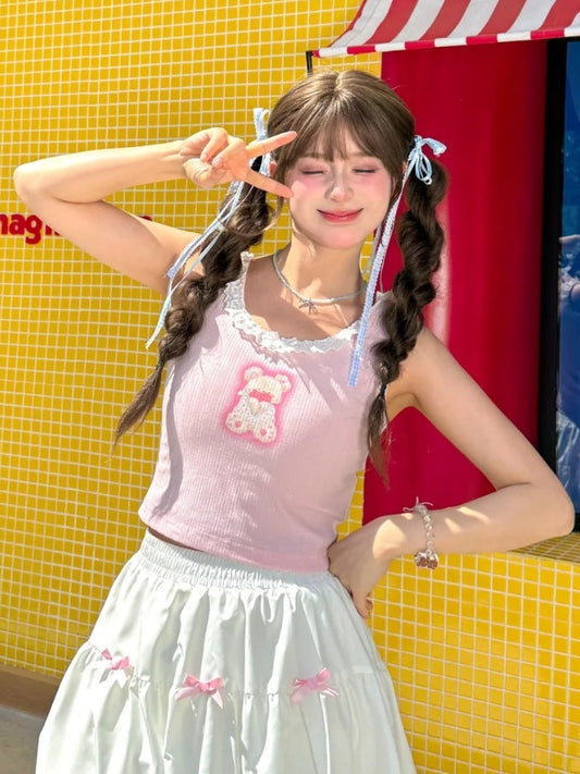 Süßes Tanktop mit rosa Teddybär-Print und Spitzenbesatz
