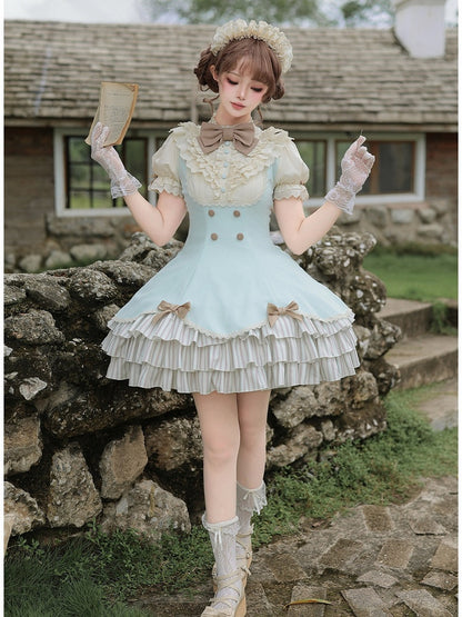 Puff-Sleeve Short Dress in Beige and Blue with Scalloped Hem and Bows - With PUJI
