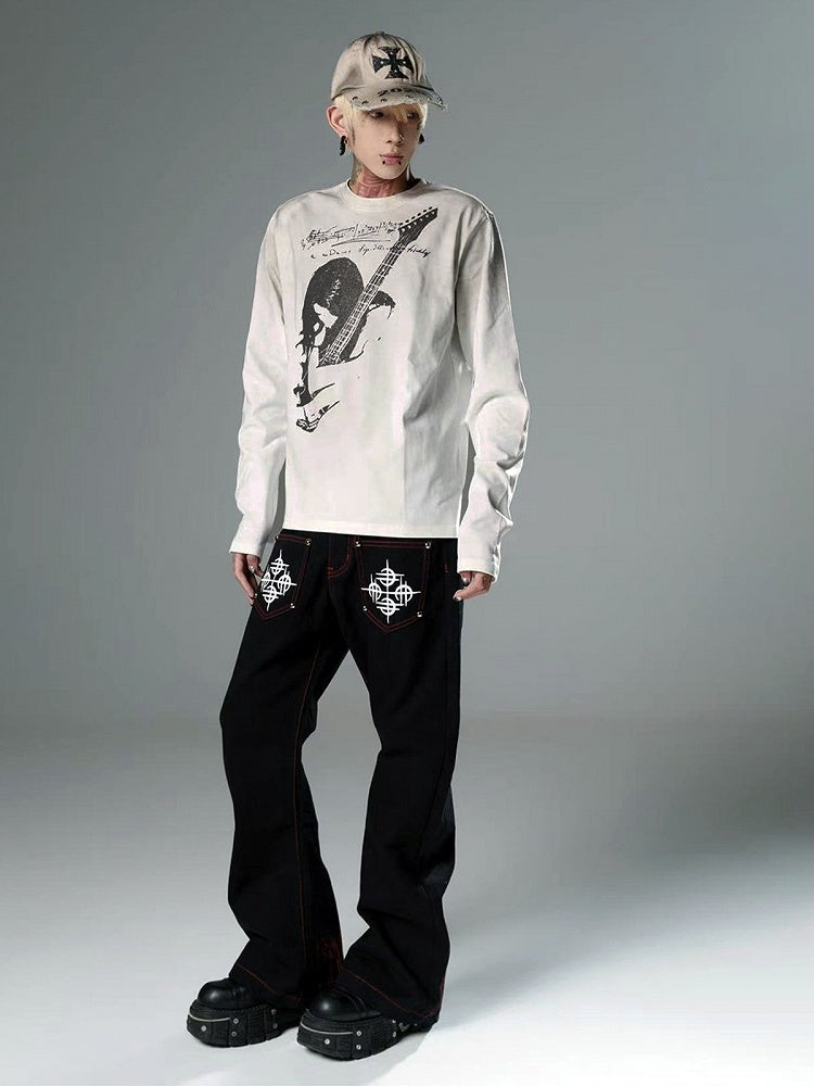 Genderless Punk Washed Distressed White Round Neck Top Guitar Girl Print