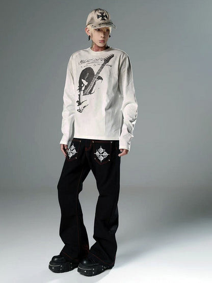 Genderless Punk Washed Distressed White Round Neck Top Guitar Girl Print