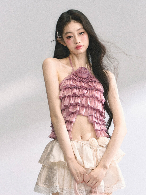 Halter Neck Top Apricot/Pink Decorated Tiered Ruffles Floral