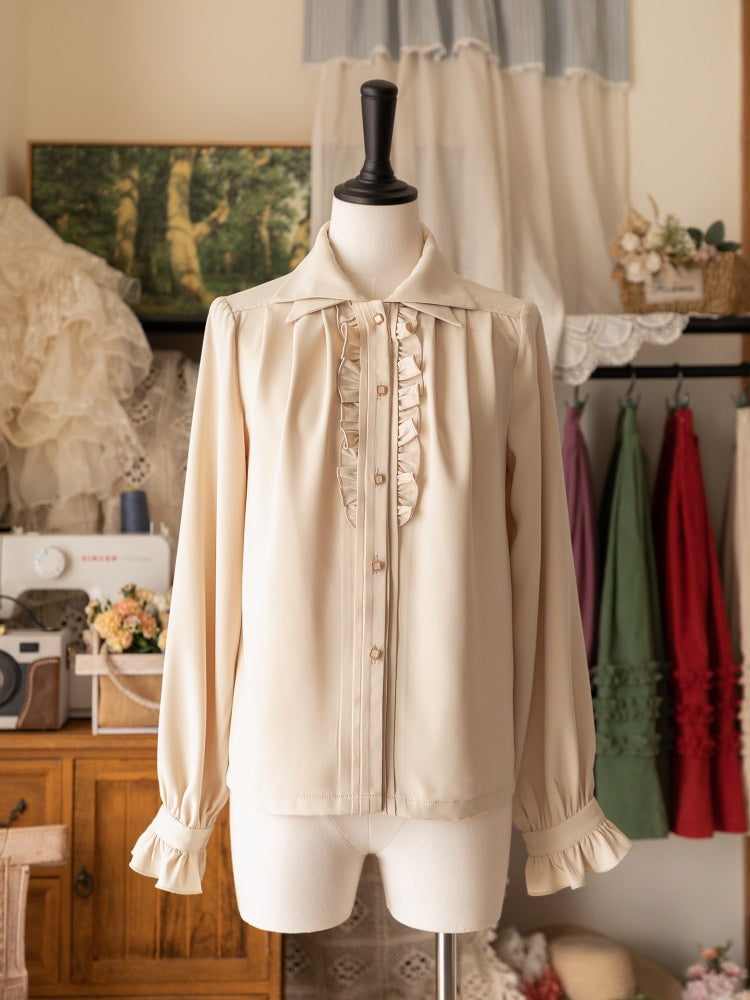 Beige Long-Sleeve Shirt with Double-Layered Pointed Collar