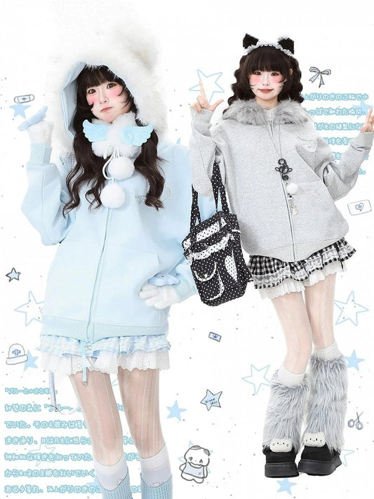 Hoodie Daily Jacket Blue/Grey/Black Rhinestone Ear Accents Kawaii Bear - Hood