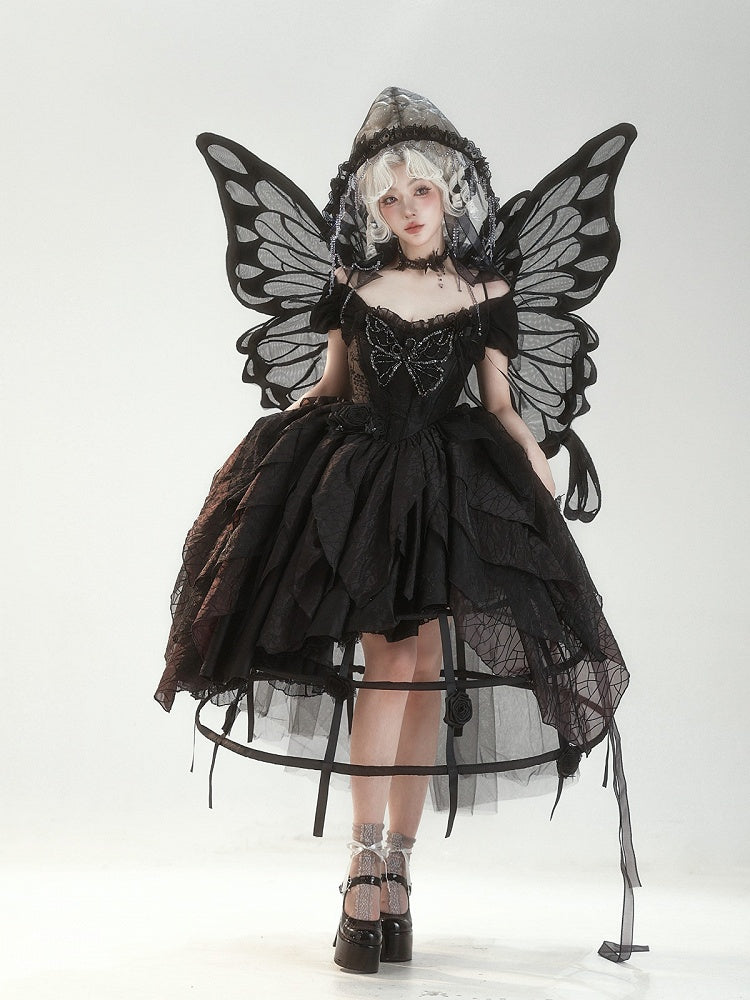 Butterfly Motif Puff Sleeve Lolita Top and Asymmetrical Hem Skirt Set in Black - Sweet Wood Lolita