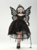 Butterfly Motif Puff Sleeve Lolita Top and Asymmetrical Hem Skirt Set in Black - Sweet Wood Lolita