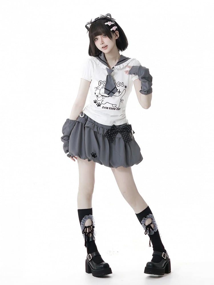 Side Armwear Free Ears with T-shirt Kitty Design Sailor Collar White Drawstring