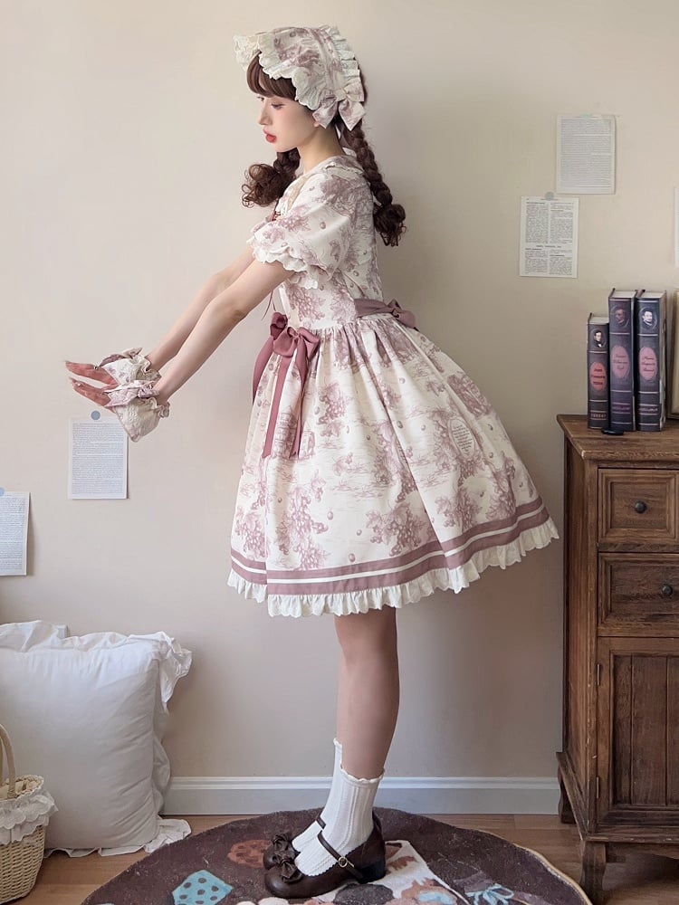 Dusty Sleeves Short Lolita Dress Print Collar Purple Grapes Pan Peter