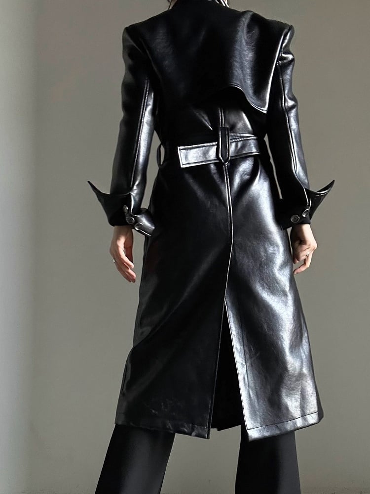 Coat Front with Button PU Dual-Wear Black Design Waist Ouji Set Belt
