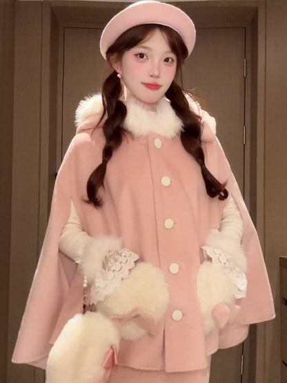 Pockets with Pink Sweet Coat Heart-shaped Plush Cape Lolita Winter