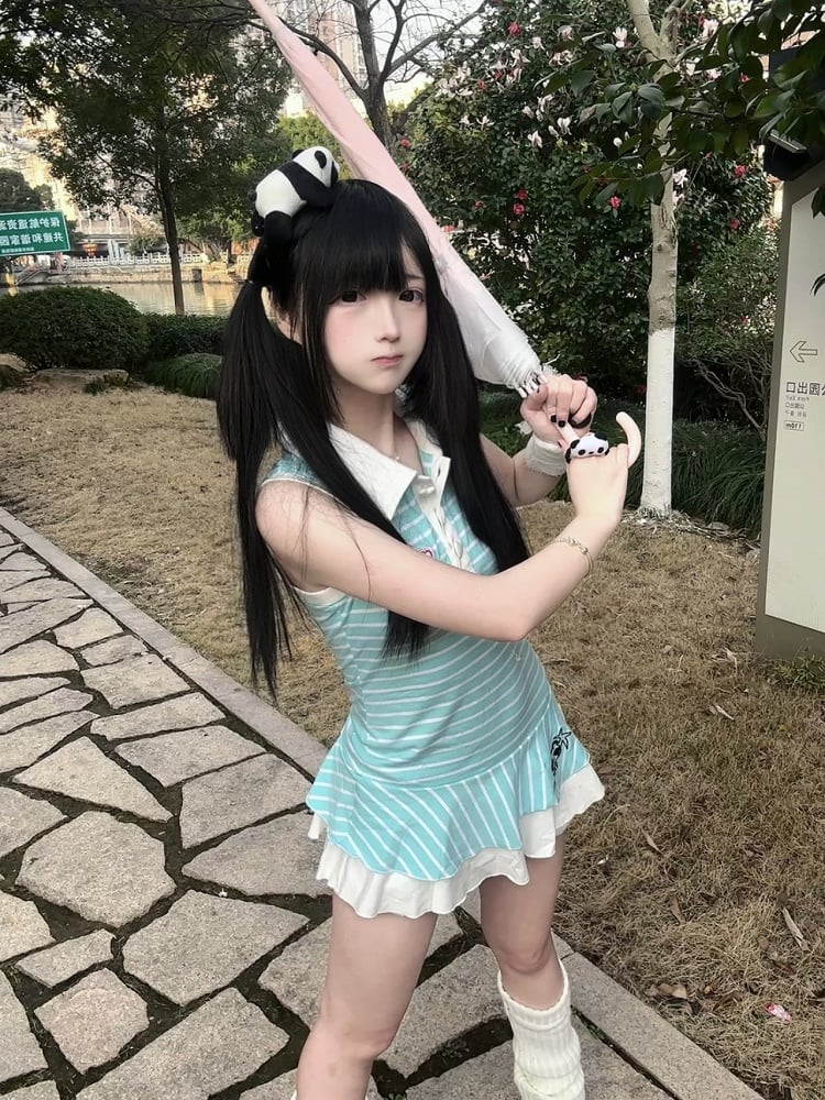 Striped with Partial Polo Blue Buttons Dress Heart-Shaped