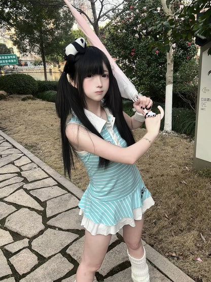 Striped with Partial Polo Blue Buttons Dress Heart-Shaped