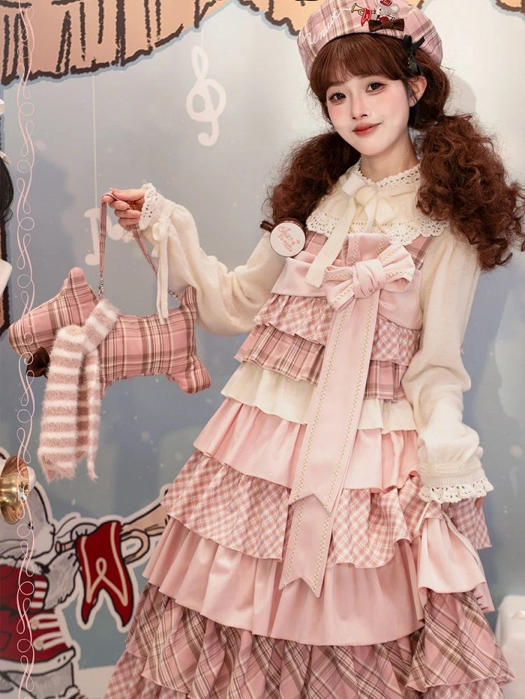 Layered Long Jumper Skirt in Pink Plaid Patchwork with Bowknot Brooch - iris de nuit