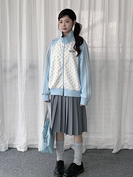 White Y2K Polka-Dot Zip-Up Jacket Featuring Stand Collar Style - Solkatt