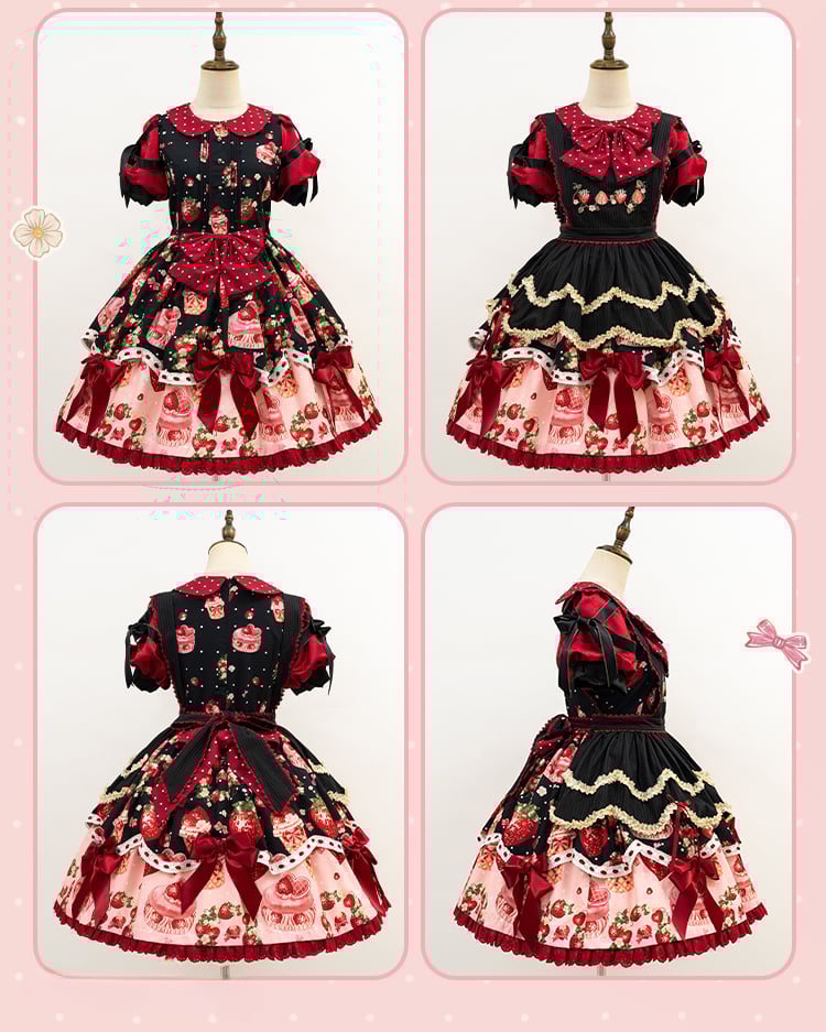 Strawberry Print Black and Red Sweet Polka-dots Peter Pan Collar Lolita Dress