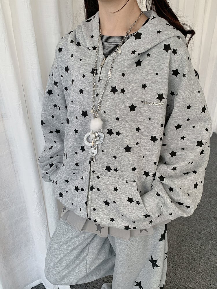 Cute White/Gray Rabbit Ear Zip-Up Hoodie with Star Print Pattern - Solkatt