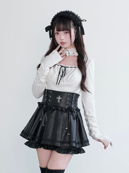 Cross Black Kei Lace-Up Skirt Jirai Decor Bow Ruffled Leather