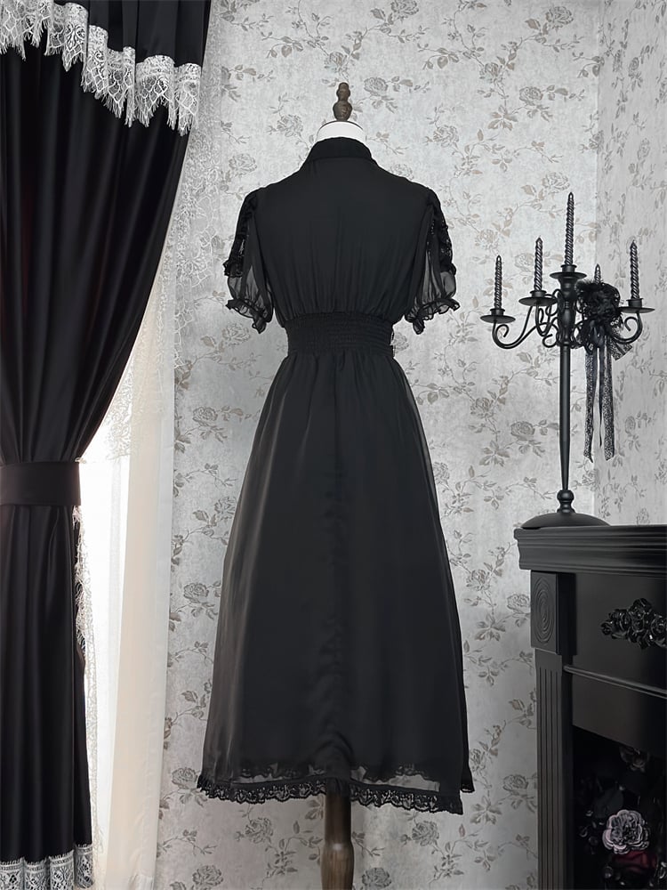 Hem Ruffles Tiered Dress Jirai Kei Black Chiffon Heart Buckles Waist