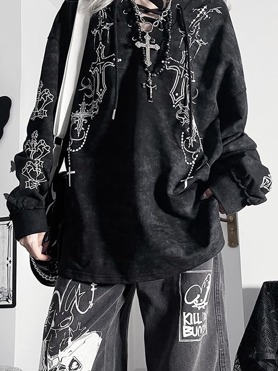 Schnürdesign Cross Hoodie Dye Bittersweet Krawattendetails Schwarz