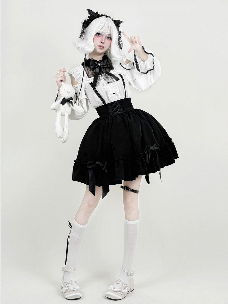 Gothic Monochrome Cutout Shoulder Top with Lace and Bow Embellishments - AMAHAKAWA