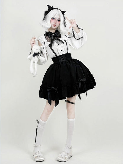 Ebon High-Waist Skirt with Bow Accents in Jirai Style - AMAHAKAWA