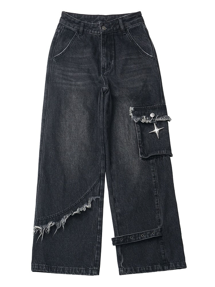 Dunkelgraue Jeans mit geradem Bein und offenem Saum