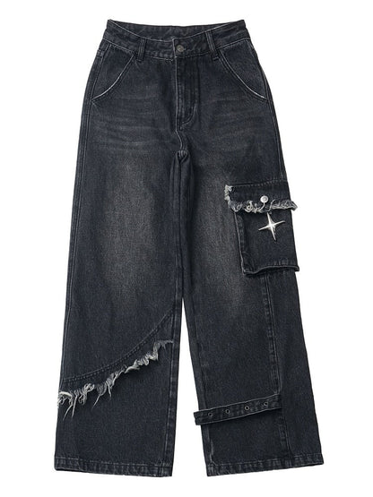 Dunkelgraue Jeans mit geradem Bein und offenem Saum