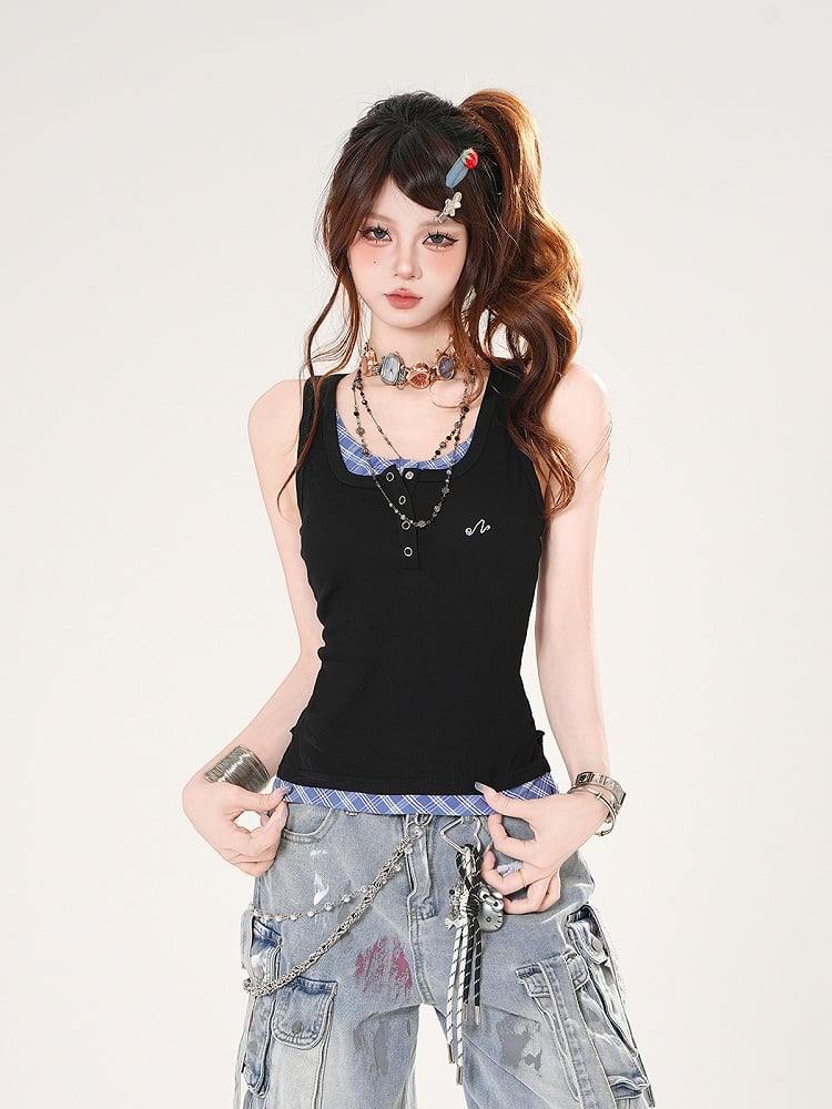 Tank Top Black and Blue Plaid Faux Two-pieces Slim-fitting