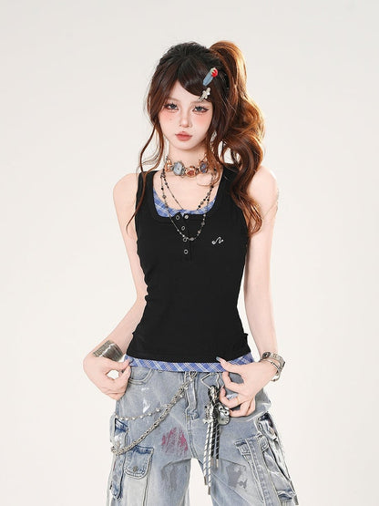 Tank Top Black and Blue Plaid Faux Two-pieces Slim-fitting