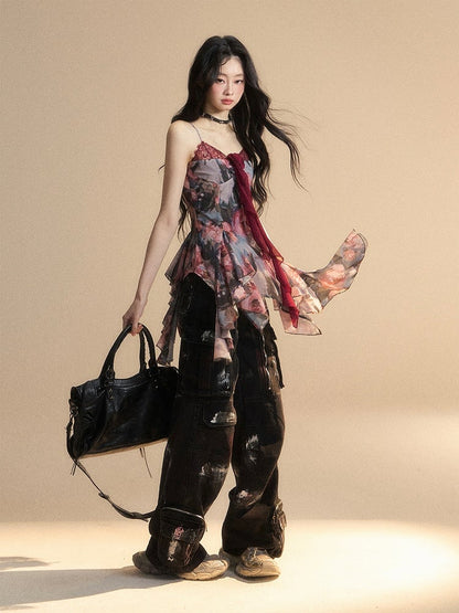 Malerei Rot Öl Cami Top Asymmetrische Volant Verziert Saum Floral Glamourös