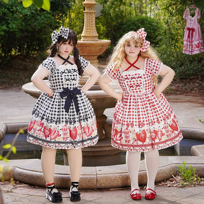 Dress Red Size Bow Gingham Lolita and Print Plus Strawberry