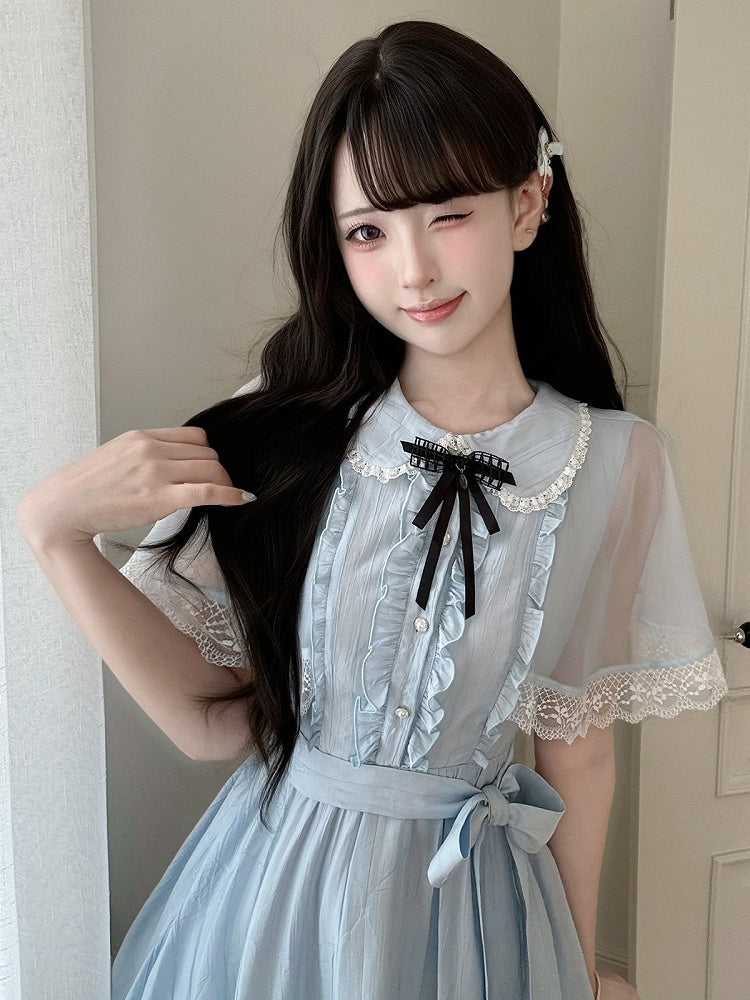 Blue Tulle Cape Peter Pan Collar Dress with Bow Tie Seiso Style - LA LA JK