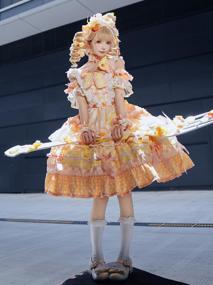JSK Accents Tiered Sweet Persimmon Bow Lolita Full Cake Orange Set Skirt