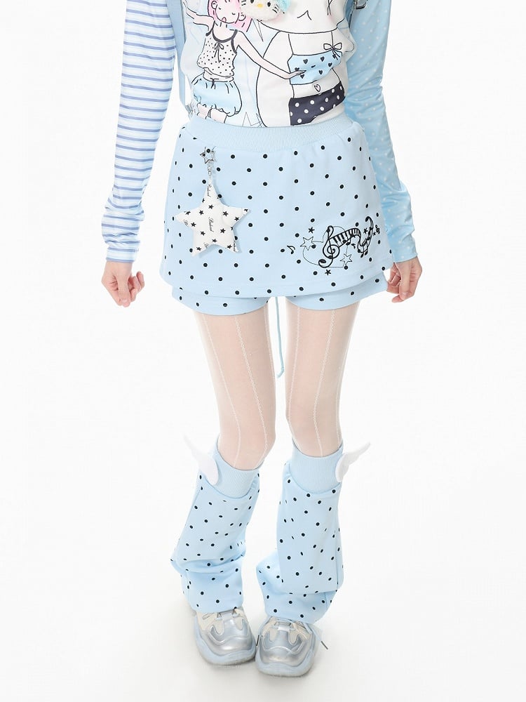 Otaku Kawaii Blue Dot Two Piece Skort Music Note Star Charm Leg Warmers - Languid Park