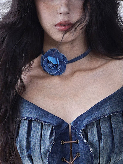 Blue Denim Rose Choker with Metal Chain Detail