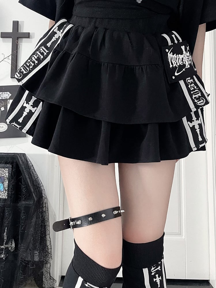 White Skirt Multi-Layer Black with Punk Font Ruffle Side Cross Stripes