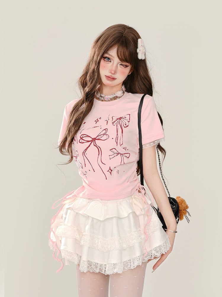 Waist Drawstrings Pink T-shirt with Lace Trim and Bow Print
