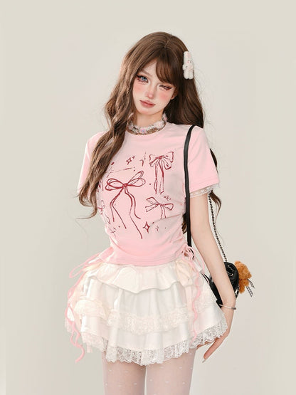 Waist Drawstrings Pink T-shirt with Lace Trim and Bow Print