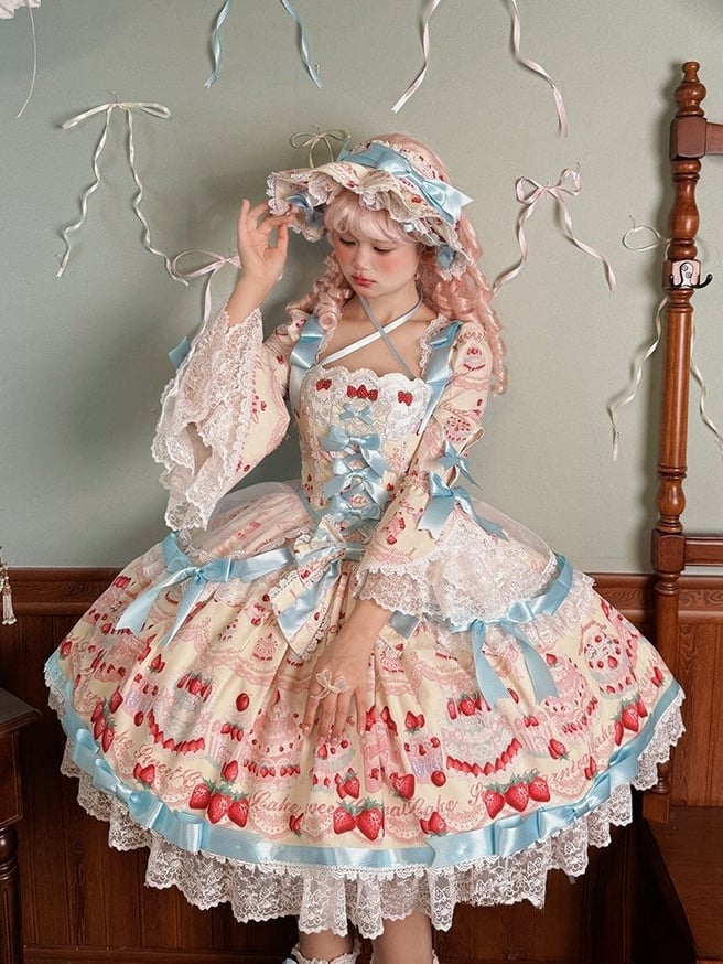 Stück Lange Glocke Ein Gelbes Kleid Mit Süßen Erdbeerärmeln Lolita Kuchendruck