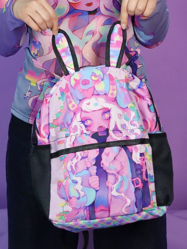 Pink Y2K Backpack with Cartoon Print and Bunny Ear Accents