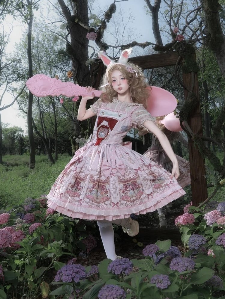 Alice in Wonderland Style Rose Sweet Skirt with Detachable Bow Ribbons - Forest Fairy Tales