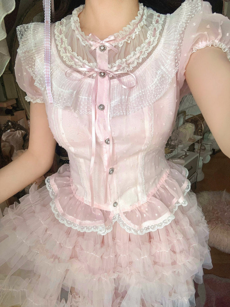 Puffärmel-Top Rosa Chiffon Polka Dot