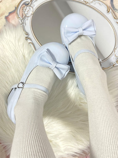 Bow Mary Removable Mid-heel and Janes Blue PU Design Baby Round Heart Closure Toe - with