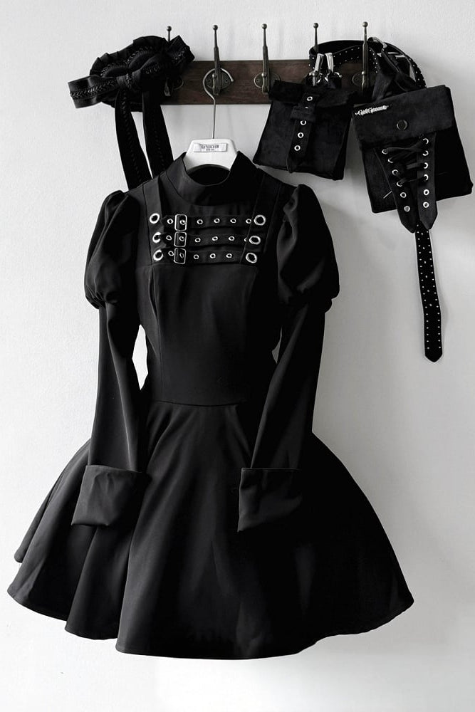 Steampunk Brown x Gothic Black Mode Buckle High Collar Puff Sleeve Doll Dress