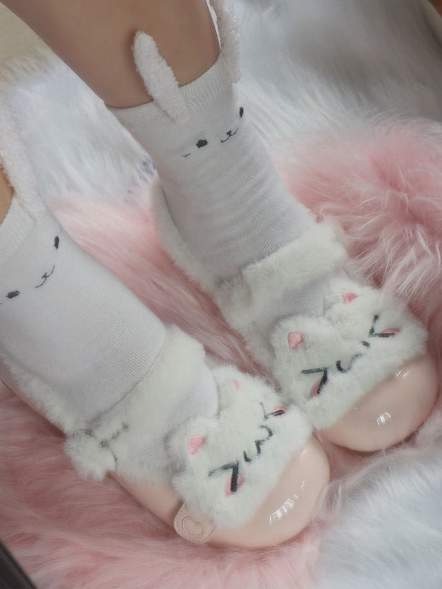 Cozy Fleece Sweet Plush Winter Kitty Pink Lolita Snap Button Flats with Lining