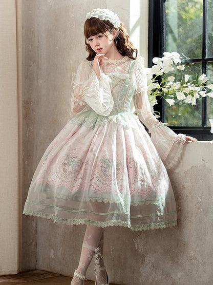JSK Moth and with Green Pink Overlay Print Floral Dress Lolita Elegant