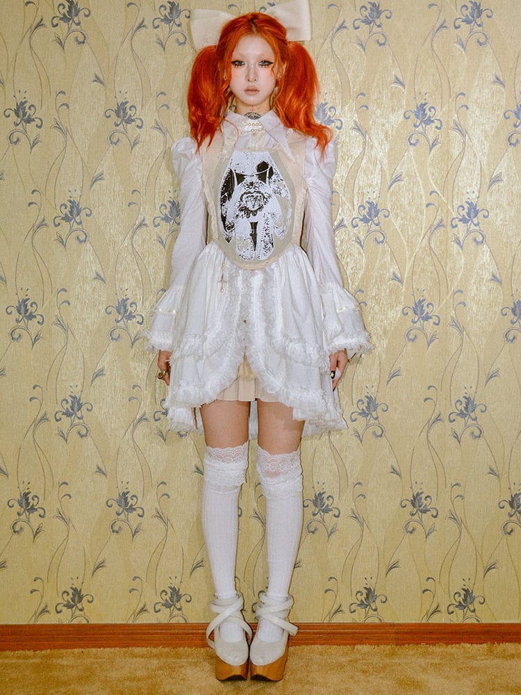 Punk Beige Tank Trim Print with Ruffled Graphic Lace Top