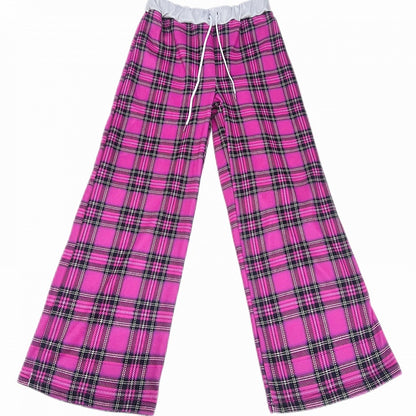 バージョンパターンローズチェック柄ワイドレッグパンツギャルレッドファッション厚手カット