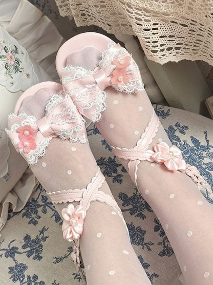 Pink Lolita Kawaii Sandals with Flower Bow Low Heel - Sheep Puff