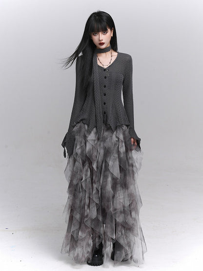 Hem Gray Knit Irregular Strap Gothic Sleeve Button-Down Cardigan with Neck