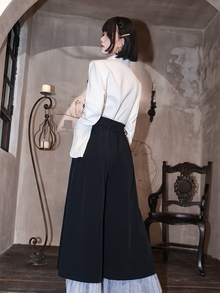 Gothic Sleeve Embroidery Cheongsam Convertible Pleated Collar Bell with White Bronze Regular/Thicken Blouse